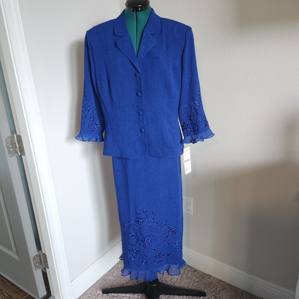 Plaza South Skirt Suit Women Size 14 Royal Blue Jacquard Embroidered VTG